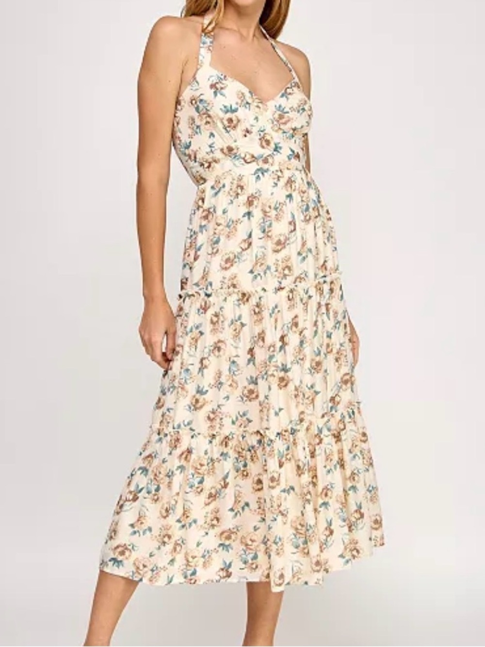 Trixxi Floral Cream Tiered halter Maxi Dress